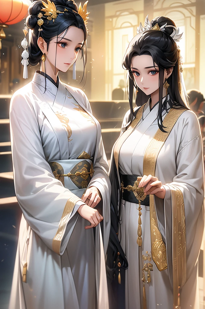 Black Hair, Immortal, Beauty, Royal sister, Stepmother, White Taoist robe, Golden Phoenix Coronet, Hair Bunch, Mature Woman