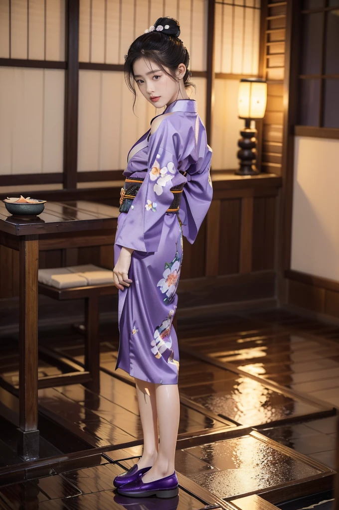 (((best quality))),(((ultra detailed))),(((masterpiece))),illustration,((1 beautiful Japannese girl,solo)),(neat bun:1.2),((slim,thin)),((small breasts,flat chest)),(in izakaya:1.3),(summer:1.2),(rainy:1.3),(indoor:1.2),(night scene:1.3),(wet:1.3),(collar:1.2),(purple floral kimono:1.3),porcelain skin,(slender legs:1.2),(geta:1.2),rouge,dimly lit,warm glow,ethereal,(standing beside the table:1.3),(arms behind back:1.5),sake bottle,half-empty glass,tray,grilled fish,steamed vegetables,half-eaten,melancholic smile,storm,solitude,enigmatic aura,tranquility,chaos,simplicity,mysterious,captivating,((from front,full body))