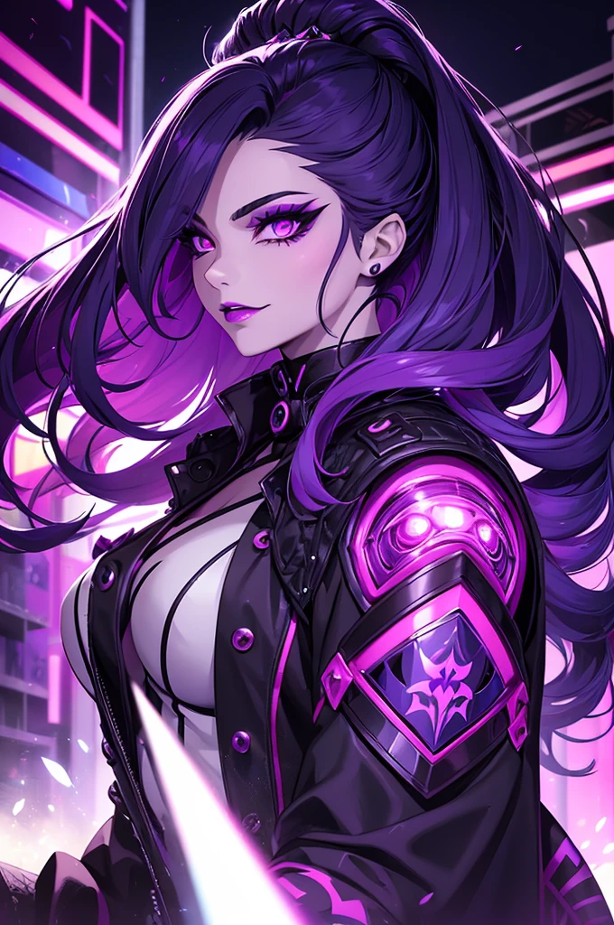 Ultra detailed young evil girl. Evil smile on her face. Villainess. Long dark floating hair. Beautiful makeup on her face. Beautiful eyelashes. Lipstick on her lips. Bright purple eyes. Crazy looking villain. Very colorful, lots of colors. Night background, with cars with bright headlights on behind, illuminating the dark streets.