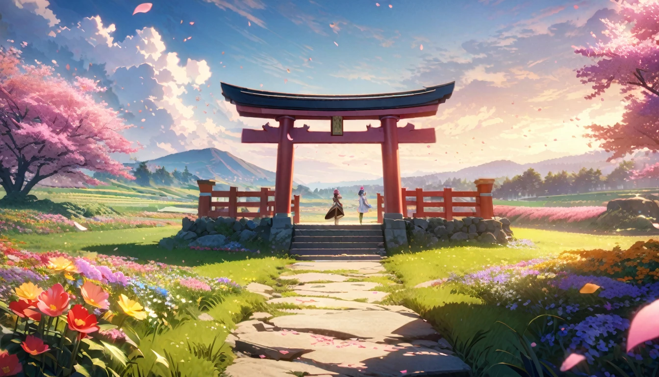 anime aestetics, anime scenery, japanese torii gate standing in the open field, a few stones on the field, diverse landscape, beautifl atmosphere, breathtaking atmosphere, field filled with colorful flowers, peaceful atmosphere, petals flying in the air, windy weather, bright day, fairy tail atmosphere, cinematic ligt, perspective, atmospheric perspective, wide shot, from side, 8k, highres, best quality, award winning, super detail, masterpiece, UHD