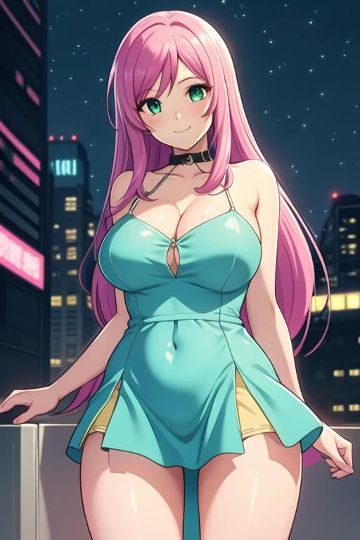 1 girl, 19 years old, Long pink hair, green eyes with slit pupils, master-piece, best quality, (standing up), (short dress), (floral spaghetti strap short blue summer dress),  (Big , ultra gigantic , Super super big, Glamorous body), Make eye contact with the camera, front figure, looking forward, (light_Smile:1.5), (Detailed hands and fingers:1.2) (Cyberpunk City), (FULL BODYSHOT), thighs thighs thighs thighs、beauty legs、Bare legs