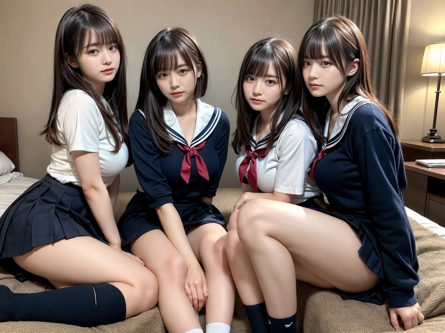 masterpiece, best quality, illustration, Super detailed, fine details, High resolution, 8K,wall paper, perfect dynamic composition,(Details High quality, realistic depiction of eyes:1.3), (3 girls), Black Sailor Uniform, serafuku, Navy pleated skirt, sitting, open legs, short bob hair, in a hotel room in the background, deep on field, large breasts, black hair color, Big Natural Color Lip, (perfect body shape), crying a little、Harajuku style、20 year old girl、cute type、beautiful legs, Gravure Idol