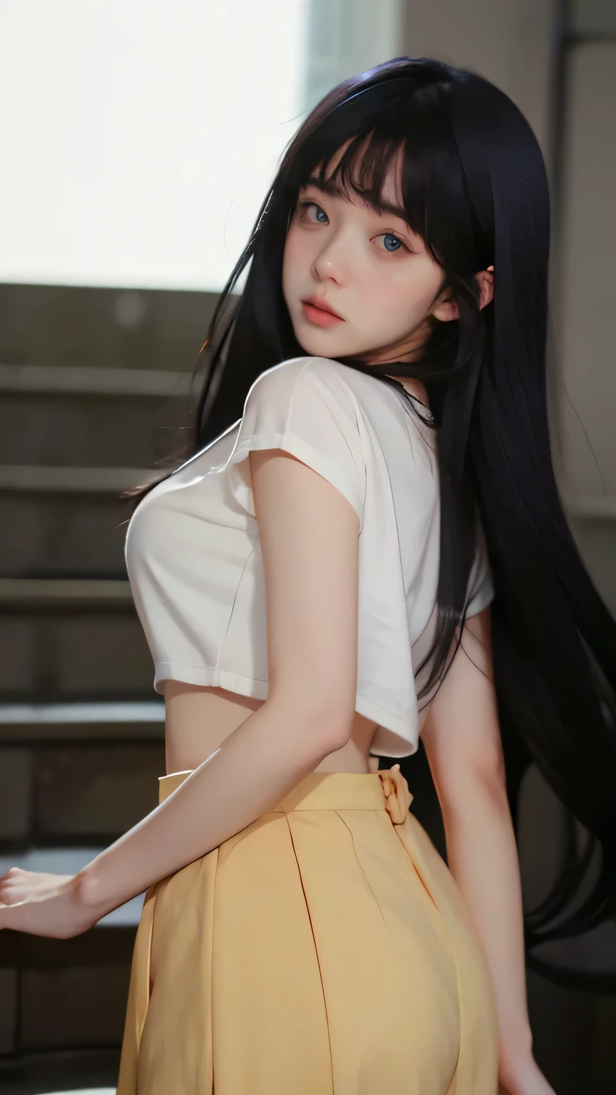 Flowing black hair, single eyelid small eyes, tall nose bridge, Yin peach small mouth, melon seed face. White shirt, stylish little floral skirt; High quality beauty