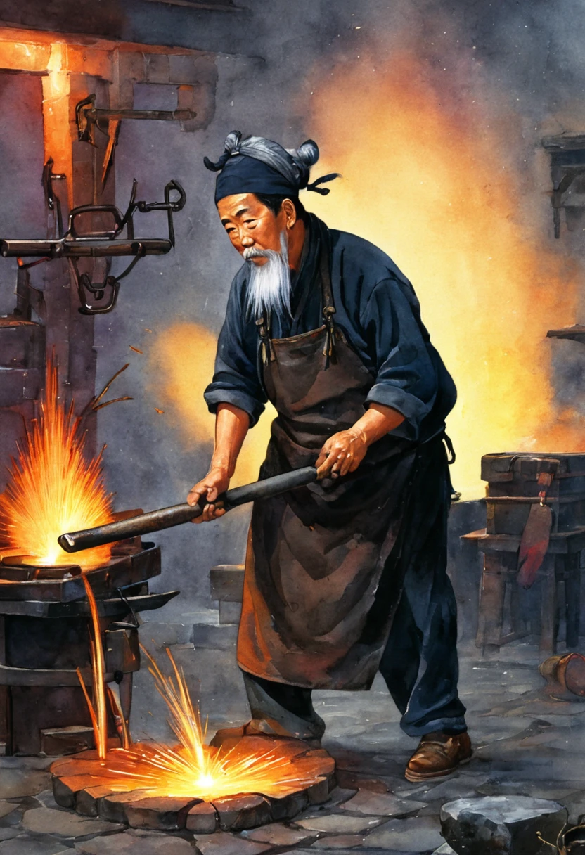 There were several men holding iron bars., blacksmith, Smelter, body building blacksmith,一群blacksmith, working in the forging, background, Ironmaking pits, blacksmith, Ancient Chinese tools and houses, forging, at night, Sweating、Dirty and messy (grey:1.2) (old:1.2) (witch:1.1) (Serving:1.4) (几个blacksmith:1.5) 隐藏在shadow中,Contrast tattoo with a hot iron (Hammer:1.2) Force a piece (Thermoluminescence:1.2) Iron Machinery, Tinkering, Costume, ), Red spark, (High contrast:1.2), shadow, Luminous Light, extremely (深色background,:1.2), labor, Dark Scene,complex, detailed, Backlight, dusk, author:Randolph Caldecott, (watercolor, masterpiece, representative work, Illustration Art, Professional Line Art, Super complex and detailed, Chinese painting,8K:1.3)