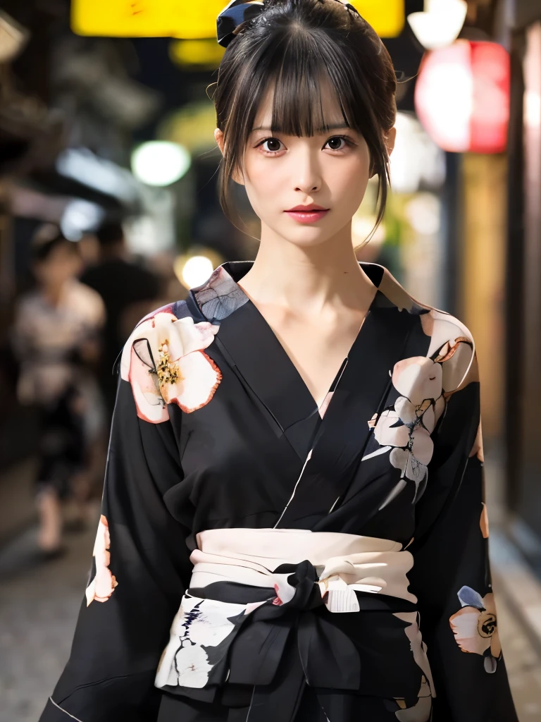 raw photo, 8k, (top-quality), Realistic, (real picture, Intricate details), (natural skin texture, detailed skin, hyper realism, sharpness), (pale skin:1.5), Japanese age girl walking in shopping street at night, (sexy floral black yukata:1.5), slender body, (blonde hair, bun hairstyle, blunt bangs), night time