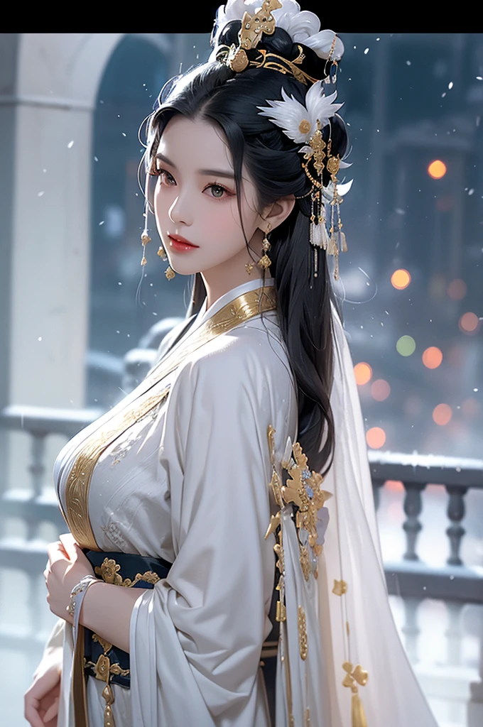 Black Hair, Immortal, Beauty, Royal sister, Stepmother, White Taoist robe, Golden Phoenix Coronet, Hair Bunch, Mature Woman