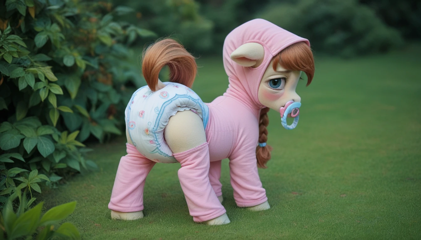 pony, beige earth pony, no horn, no wings, adult filly, lush mane braided, bushy tail, blue eyes, stands on four hooves, rear hooves spread wide apart, dressed in onesie foal, foal bonnet and foal booties, pacifier in mouth, solo, raised tail, thick diaper under clothes, pink blush on cheeks, embarrassment, awkwardness.