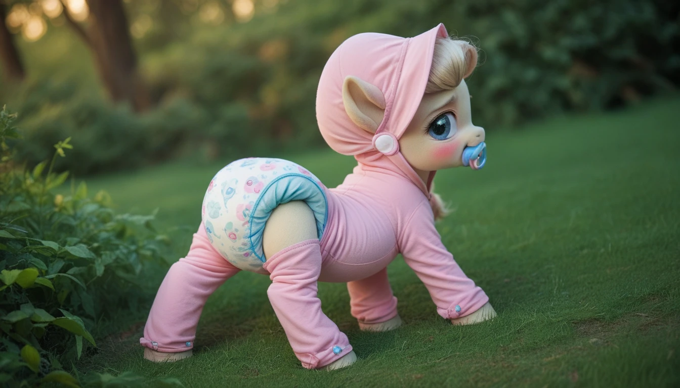 pony, beige earth pony, no horn, no wings, adult filly, lush mane braided, bushy tail, blue eyes, stands on four hooves, rear hooves spread wide apart, dressed in onesie foal, foal bonnet and foal booties, pacifier in mouth, solo, raised tail, thick diaper under clothes, pink blush on cheeks, embarrassment, awkwardness.
