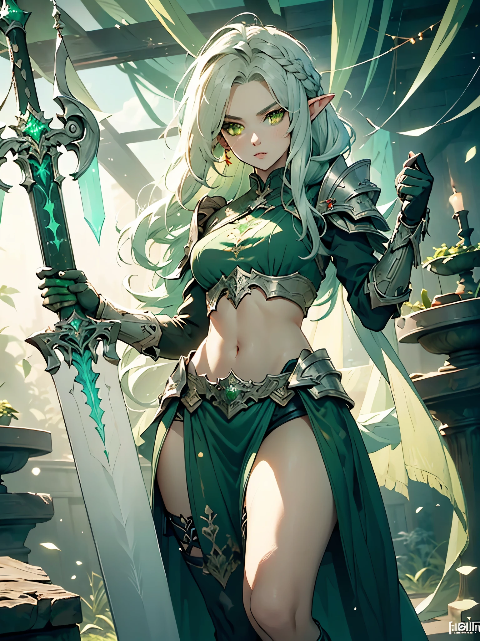 (((Masterpiece, best quality, high detailed, 8k))) Design a layout showcase Gaming character, (1girl). Long silver hair, green eyes, wearing a long flowing jade dress with high side slit, showing midriff, wielding a greatsword, sexy. (masterpiece:1.2), (best quality), ultra-detailed. (Step by step design, layout art:1.5), (luminous lighting, atmospheric lighting). Elf royalty. ((glove full hands)), intricate vambraces, thigh highs, thick thighs, (((full_body_shot:1.4))). The elf stands gracefully amidst dark, dense, ancient, towering trees, their leaves shimmering with a magical glow. The bikini armor, a blend of sleek metal and glowing energy lines, contrasts beautifully with the natural surroundings. Her long silver hair flows softly around her, framing her elegant face with piercing green eyes that radiate wisdom and strength. Massive greatsword she holds is pulsing with an ethereal green light.（hoang lap，A high resolution，hyper detailled），Black Soul theme, leather，Off-white，ranger，Background of details，Northern Valley，Irithyll，Cold moon，Rule of thirds，boundage，Diablo 4 style，intricate-detail，Diablo color theme，（offcial art，Beauty and aesthetics：1.2），（Dark art，erode,  fractal art：1.3），rich colourful，horryfing，highest details, (green eyes: 2), white hair with blue tips, blue colored inner hair, long hair, solo, 1girl, slim, small breasts, green flames