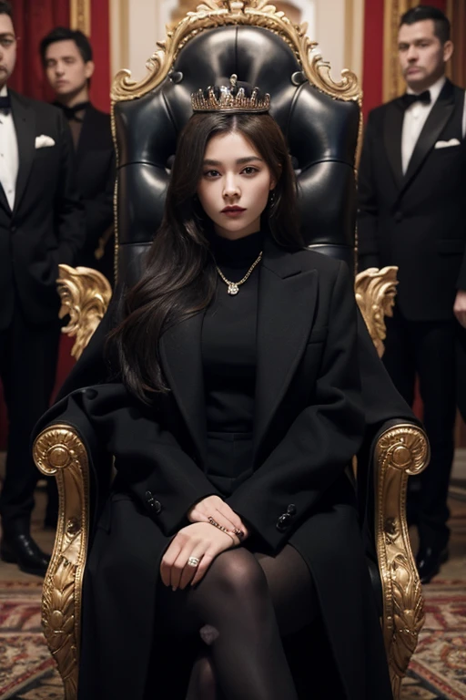A lady,age 27,wears black coat and suit,Queen in Mafia, stronger, beautiful, sitting at her thrones,Her bodyguards are standing beside her, powerful,modern world
