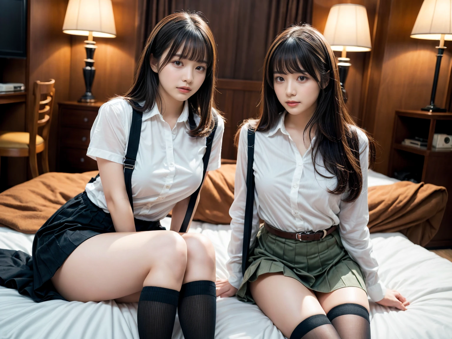 masterpiece, best quality, illustration, Super detailed, fine details, High resolution, 8K,wall paper, perfect dynamic composition,(Details High quality, realistic depiction of eyes:1.3), (2 girls), holster, bobby, Cutter shirt, a belt, suspenders, pleated skirt, garterbelts, knee high Stockings, sitting, open legs, short bob hair, in a hotel room in the background, deep on field, large breasts, black hair color, Big Natural Color Lip, (perfect body shape), crying a little、Harajuku style、20 year old girl、cute type、beautiful legs, Gravure Idol