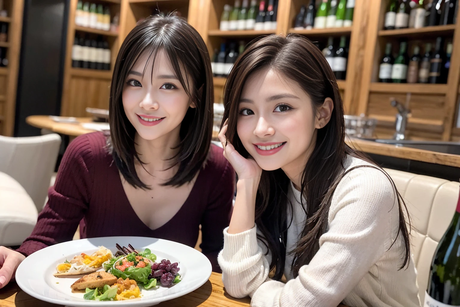 (Realistic:1.1),(masterpiece,Highest quality),8k,(58 years old), 53 years old, ベリーslimボディ、slimカップル、Tight waist,Upper Body,full-course dinner、wine 、Amazing view of the sunset sky and clouds、Perfect Anatomy, Brown Hair, short hair,Random Hairstyles,((Highly detailed face and eyes:1.2)),Perfect golden ratio face,Long sleeve shirt、dress,(smile:1.2)、Shortcuts、cute、(Realistic, Intricate details:1.2), A bright smile、short hair,Bright Face、赤wine 、Appetizers、Italian food、wine bottle、Champagne、スパークリングwine、(slimな顔), (The body is slim), (Brown Hair), (Shortcuts), Upper Body, 白wine, slim, wineグラス,