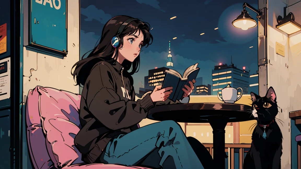 Highest quality, 8k, 1990s style,Hairstyles of the 2010s, 21 year old girl, Black Hair, Long Hair, Light brown eyes, City Pop, pants ,Night view, Wear headphones,Reading a book, whole body, Relax Coffee,table,making,look at me, Black cat, Cafe