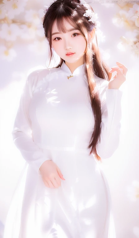 a close up of a woman in a white dress posing for a picture, beautiful south korean woman, ao dai, beautiful asian girl, a beautiful woman in white, korean woman, korean girl, in white clothes, beautiful young korean woman, beautiful asian woman, smooth white tight clothes suit, gorgeous young korean woman, white hanfu, traditional beauty, asian girl