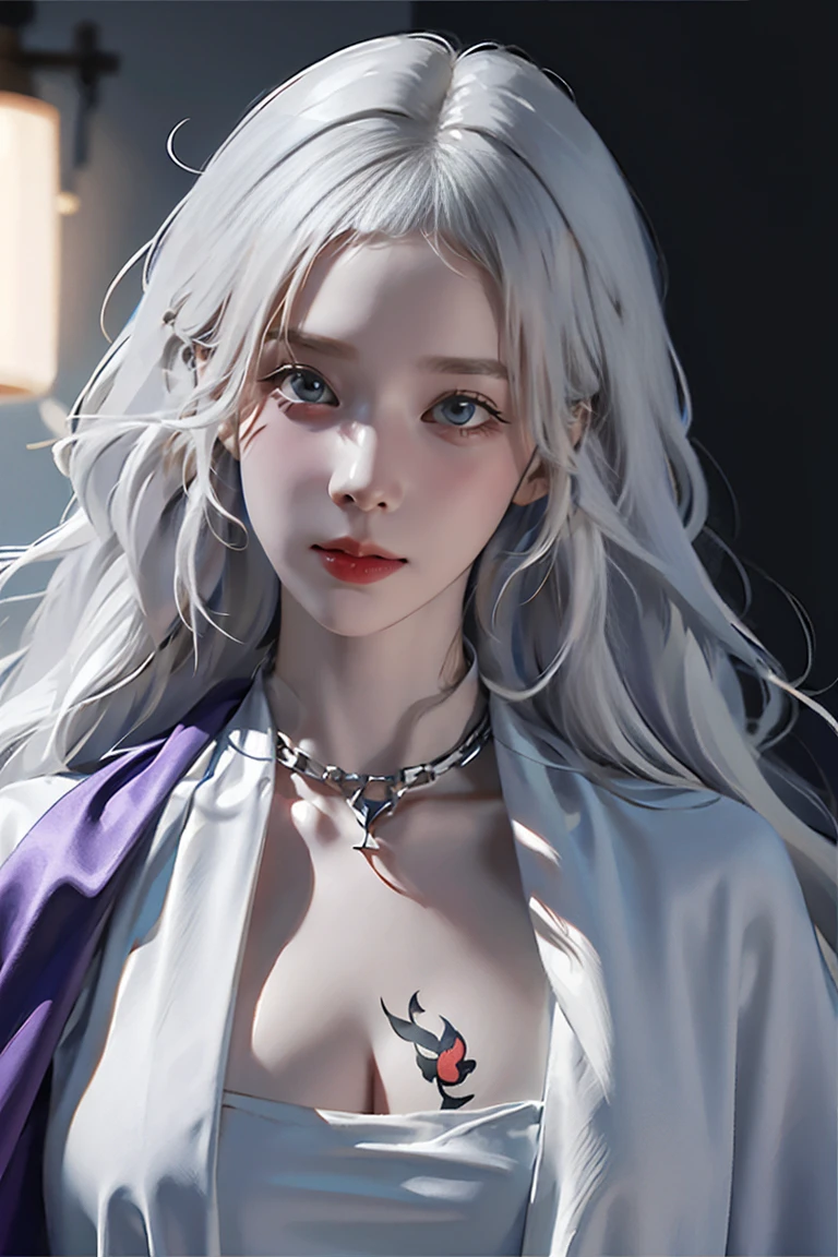 ((woman with tattoo on chest)), girl, ((long white hair with bangs,, Black strands of hair)), Purple eyes, White T-shirt and white cape, Pendant around the neck. 超High resolution.Realistic. 超High resolution.Realistic:1.4,超High resolution. Realistic,High resolutionで, masterpiece, Highest quality, Very detailed, Better Shadows, Volumetric lighting), super high quality, High resolution, 8k, 超Realisticな肖像画 , Realistic, Dynamic Lighting, Volumetric lighting, Very detailed顔,(Browsing Caution:1.0), Full Body Stand Posture, Thin legs, ((Large Breasts)), Detailed facial details, Natural and beautiful standing posture,