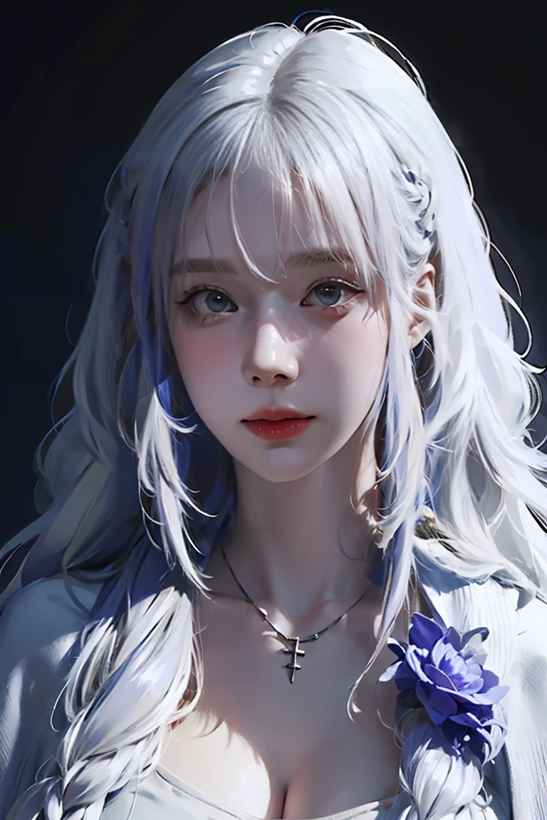 ((woman with tattoo on chest)), girl, ((long white hair with bangs,, Black strands of hair)), Purple eyes, White T-shirt and white cape, Pendant around the neck. 超High resolution.Realistic. 超High resolution.Realistic:1.4,超High resolution. Realistic，High resolutionで, masterpiece, Highest quality, Very detailed, Better Shadows, Volumetric lighting), super high quality, High resolution, 8k, 超Realisticな肖像画 , Realistic, Dynamic Lighting, Volumetric lighting, Very detailed顔,(Browsing Caution:1.0), Full Body Stand Posture, Thin legs, ((Large Breasts)), Detailed facial details, Natural and beautiful standing posture,