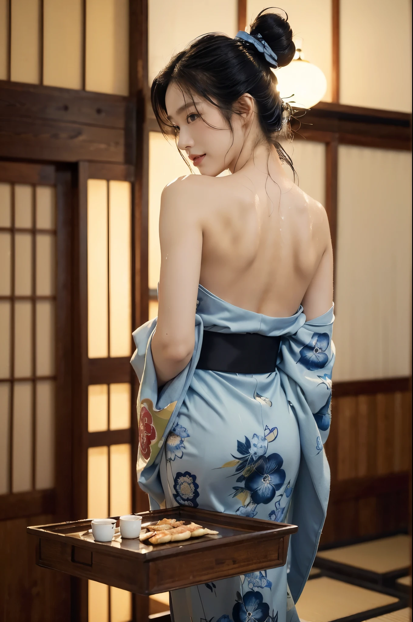 (((best quality))),(((ultra detailed))),(((masterpiece))),illustration,((1 beautiful Japannese girl,solo)),((slim,thin)),((bare back,towering hips,butt crack)),(in izakaya:1.3),(summer:1.2),(rainy:1.3),(indoor:1.2),(night scene:1.3),(wet:1.3),(collar:1.2),(blue floral kimono:1.3),neat bun,porcelain skin,rouge,dimly lit,warm glow,ethereal,(standing beside the table:1.3),sake bottle,half-empty glass,tray,grilled fish,steamed vegetables,half-eaten,melancholic smile,storm,solitude,enigmatic aura,tranquility,chaos,simplicity,mysterious,captivating,((from back,upper body))