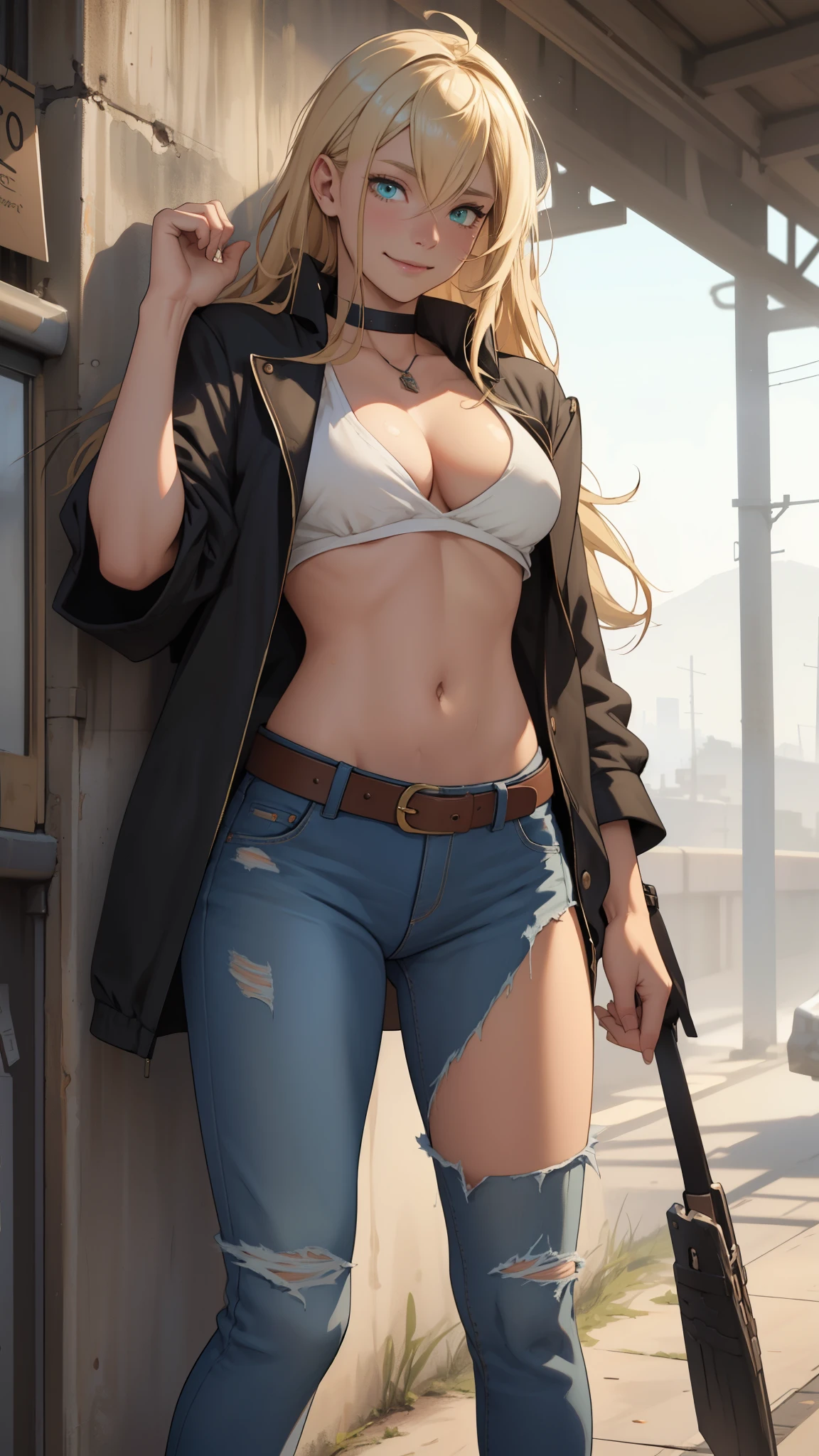 (Explicit Content Alert, 4K resolution, NSFW): A blonde girl with long hair, characterized by an Ahoge, is depicted in a Cowboy Shot. She is alone, wearing jeans with a distinctive belt that accentuates her waist and showcases a hint of cleavage. The jeans have frayed edges and are paired with boots that leave a subtle trail of dust. Her green eyes sparkle with a genuine smile, revealing a dimple on one cheek. The focus is on her abdomen, with the prominent belly button and the slight curve of her abdomen visible under the worn-out fabric. The belt loop is casually undone, subtly hinting at a break