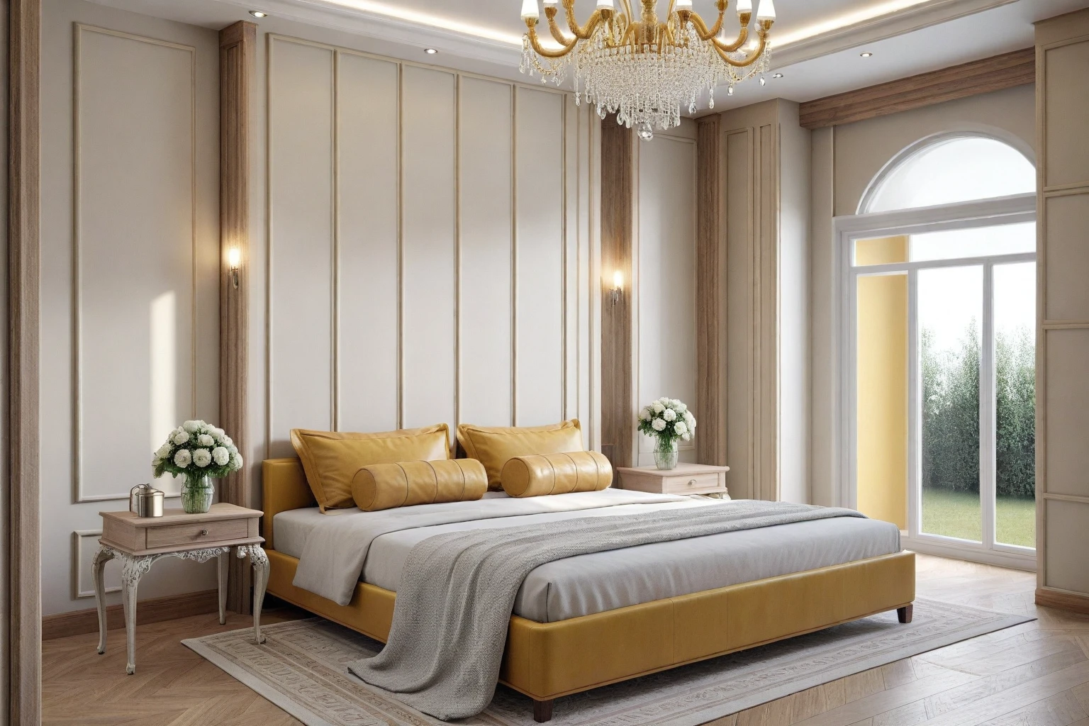 RAW photo, masterpiece, a view of a ( BEDroom :1.3) with a couch, chairs, and a chandelier, highly detailed interior, neo - classical style, neoclassical style, neoclassicism style, interior architect architectural visualization, neoclassical style, in style of classicism, white light sun, rendered in vray, rendered in v-ray, rendered in unreal engine 3d, (photorealistic:1.2), (photorealistic:1.5), best quality, ultra high res, architechture, (leather sofa detail:1.5), neoclassic house, (detailed railing neoclassic:1.5), luxury neoclassical villa, (mable floor details:1.5), (detailed neoclassical carpet:1.5), in the style of neoclassical scene, glass windows, best quality, (Intricate lines:1.5), ((Photorealism:1.5)),(((hyper detail:1.5))), archdaily, award winning design, (dynamic light:1.3), (day light:1.2), (perfect light:1.3), (shimering light :1.4),  refection glass windows, (curved line architecture arch:1.2), photorealistic, FKAA, TXAA, RTX, SSAO, Post Processing, Post-Production, CGI, VFX, SFX, Full color,((Unreal Engine 5)), Canon EOS R5 Camera + Lens RF 45MP full-frame CMOS sensor, HDR, Realistic, Cinematic intricate detail, extreme detail, science, hyper-detail, FKAA, super detail, super realistic, crazy detail, intricate detail, nice color grading, reflected light on glass, eye-catching wall lights, unreal engine 5, octane render, cinematic, trending on artstation, High-fidelity, Viwvid, Crisp, Sharp, Bright, Stunning, ((Lifelike)), Natural, ((Eye-catching)), Illuminating, Flawless, High-quality,Sharp edge rendering, medium soft lighting, photographic render, detailed archviz, ((( Pachyloba, Doussie, Afzelia wooden : 1.7 ))), ((( yellow organge Tone : 1.3 )))