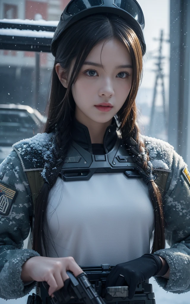 fashion photography , Inspired by Cyberpunk。(best quality,4K,8K,high resolution,masterpiece:1.2), (Practical,Reality,Photo-real:1.37).masterpiece,Game Art,Best picture quality,最high resolution,8K,,Unreal Engine 5 rendering works,(Digital Photography),(girl、In a cold blizzard, Tall female soldier, Wearing blue winter camouflage military uniform、Military training in a snowstorm, Camouflage board, Combat Glove Magazine Pouch、Fully equipped、White military helmet、最佳美丽girl、 Perfect face, blue eyes, long hair、), Bright snow scene, 美丽的light, ((Every detail of the machine gun is accurately depicted、Heavy weapons、Armored Vehicles、snow))Exquisite clothing patterns,,Future Warrior,Exaggerated sci-fi avant-garde,Cyberpunk Characters,Science fiction war background, light,Ray Tracing,Game CG,((3D Unreal Engine)),OC rendering reflection mode,blur background