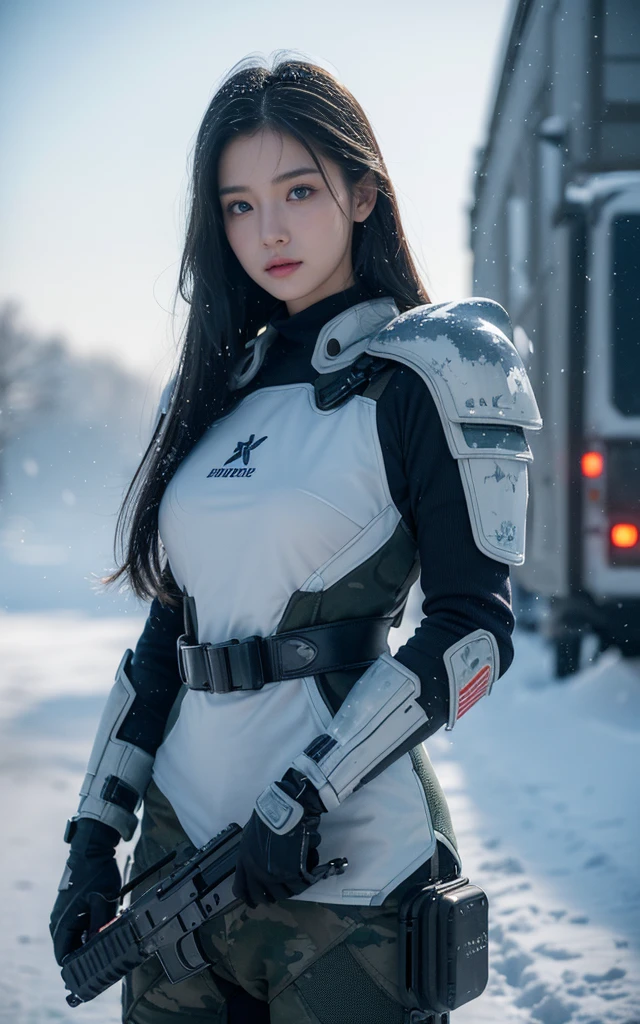 fashion photography , Inspired by Cyberpunk。(best quality,4K,8K,high resolution,masterpiece:1.2), (Practical,Reality,Photo-real:1.37).masterpiece,Game Art,Best picture quality,最high resolution,8K,,Unreal Engine 5 rendering works,(Digital Photography),(girl、In a cold blizzard, Tall female soldier, Wearing blue winter camouflage military uniform、Military training in a snowstorm, Camouflage board, Combat Glove Magazine Pouch、Fully equipped、White military helmet、最佳美丽girl、 Perfect face, blue eyes, long hair、), Bright snow scene, 美丽的light, ((Every detail of the machine gun is accurately depicted、Heavy weapons、Armored Vehicles、snow))Exquisite clothing patterns,,Future Warrior,Exaggerated sci-fi avant-garde,Cyberpunk Characters,Science fiction war background, light,Ray Tracing,Game CG,((3D Unreal Engine)),OC rendering reflection mode,blur background