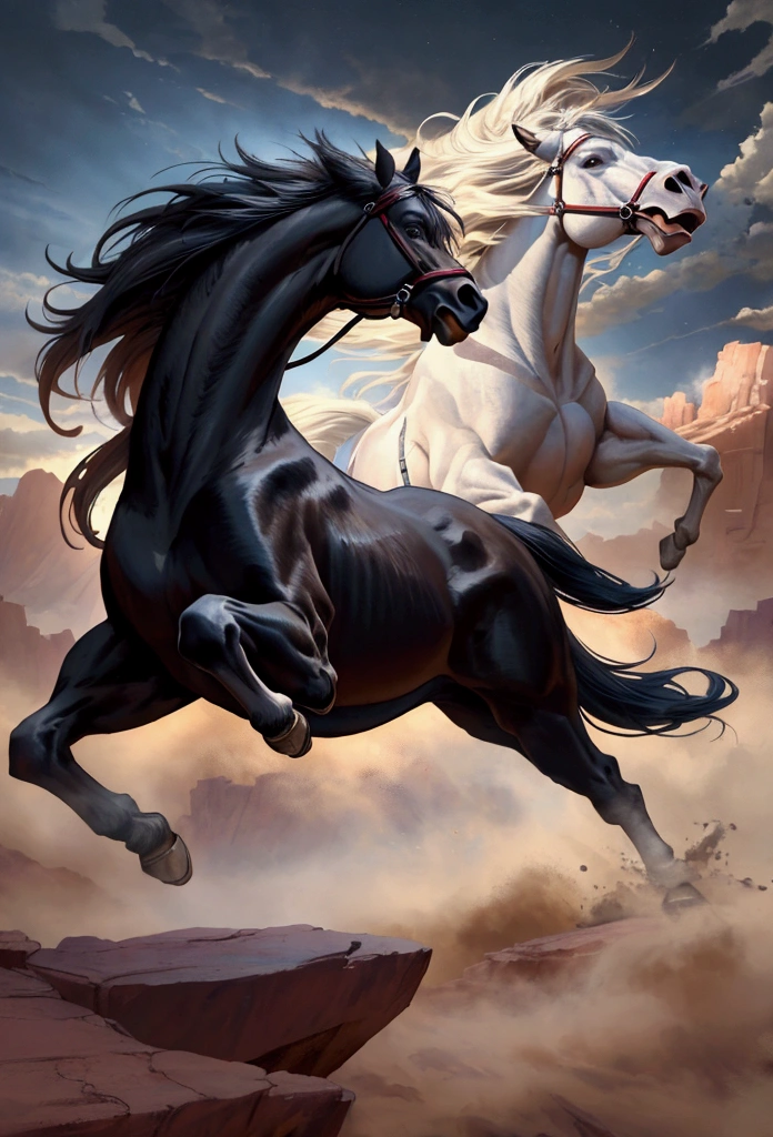 (masterpiece, Highest quality, shape, Subtle details, 8k:1.2),(Highly detailed CG Unity 8k wallpaper), (Highest quality), (Best illustrations),(((Galloping black wild horse:1.2))), (Perfect Anatomy:1.2), (Perfect legs),A powerful and realistic low-angle image of Kokuoh, the horse from Fist of the North Star, galloping through a vast desert landscape.,A highly realistic and dynamic low-angle image of Kokuoh, the majestic horse from Fist of the North Star, galloping fiercely across a desolate wasteland. The scene captures the power and speed of Kokuoh, with dust and debris flying around its hooves as it charges forward. The background shows a barren, post-apocalyptic landscape under a dramatic sky, enhancing the sense of intensity and motion.,A lifelike and energetic low-angle image of Kokuoh, the imposing black horse from Fist of the North Star, racing through a rugged and barren desert. The perspective emphasizes the sheer power and size of Kokuoh, with the ground beneath its hooves kicking up clouds of dust. The background depicts a harsh, post-apocalyptic wasteland with rocky outcrops and a turbulent sky, creating a dramatic and intense atmosphere.,A hyper-realistic and action-packed low-angle image of Kokuoh, the powerful horse from Fist of the North Star, thundering across an arid wasteland. The scene captures Kokuoh mid-gallop, with muscles rippling and mane flowing, as it charges forward with unstoppable force. The perspective from below emphasizes the horse's immense power and speed, with dust and rocks being thrown into the air. The background features a desolate, post-apocalyptic landscape under a dark, brooding sky, adding to the epic and intense feel of the scene.