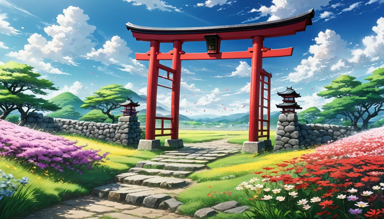  anime aestetics, anime scenery, japanese torii gate standing in the open field, a few stones on the field, diverse landscape, beautifl atmosphere, breathtaking atmosphere, field filled with colorful flowers, peaceful atmosphere, petals flying in the air, windy weather, bright day, fairy tail atmosphere, cinematic ligt, perspective, atmospheric perspective, wide shot, from side, 8k, highres, best quality, award winning, super detail, masterpiece, UHD