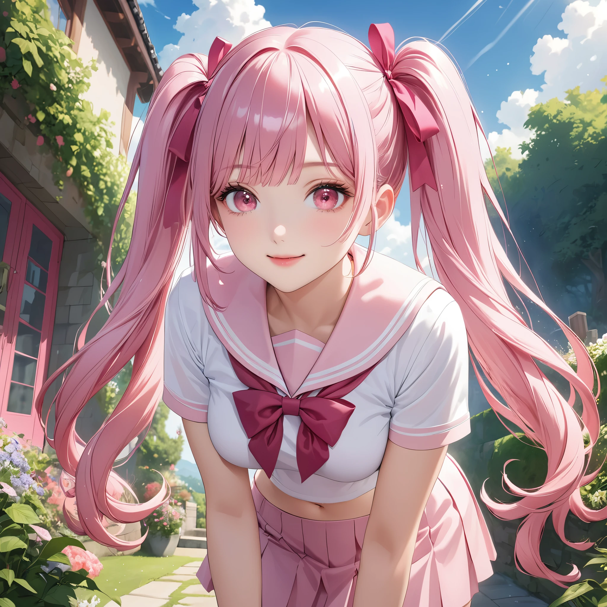 (8K, masutepiece, Best Quality, Official art, beautiful detailed, beautiful lighting, best masterpiece in history that exceeds limits), (1 Girl, Solo), (), (beautiful detailed face), (shiny white skin), (Beautiful big bust:1.3), (thighs, navel), (beautiful detailed pink twin tails hair, Bangs:1.3), (beautiful detailed drooping pink eyes:1.5), (high school uniform:1.3), (patsel pink sailor collar, white short sleeves short length outing shirt, pastel pink pleated skirt, patsel pink ribbon:1.3), (happy smile:1.2), (Attractive, Look at the camera, cute pose), breathtaking scenery, (ultra detailed realistic Beautiful a pink door on the hill, blue sky, open a pink cute door, garden, door to the different world:1.3)