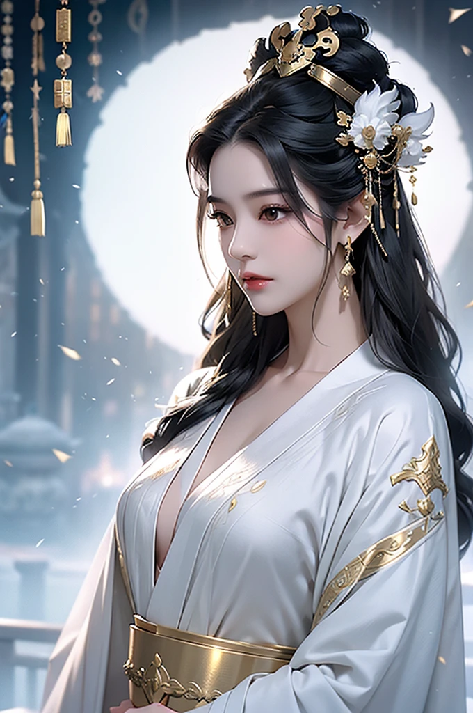 Black Hair, Immortal, Beauty, Royal sister, Stepmother, White Taoist robe, Golden Phoenix Coronet, Hair Bunch, Mature Woman