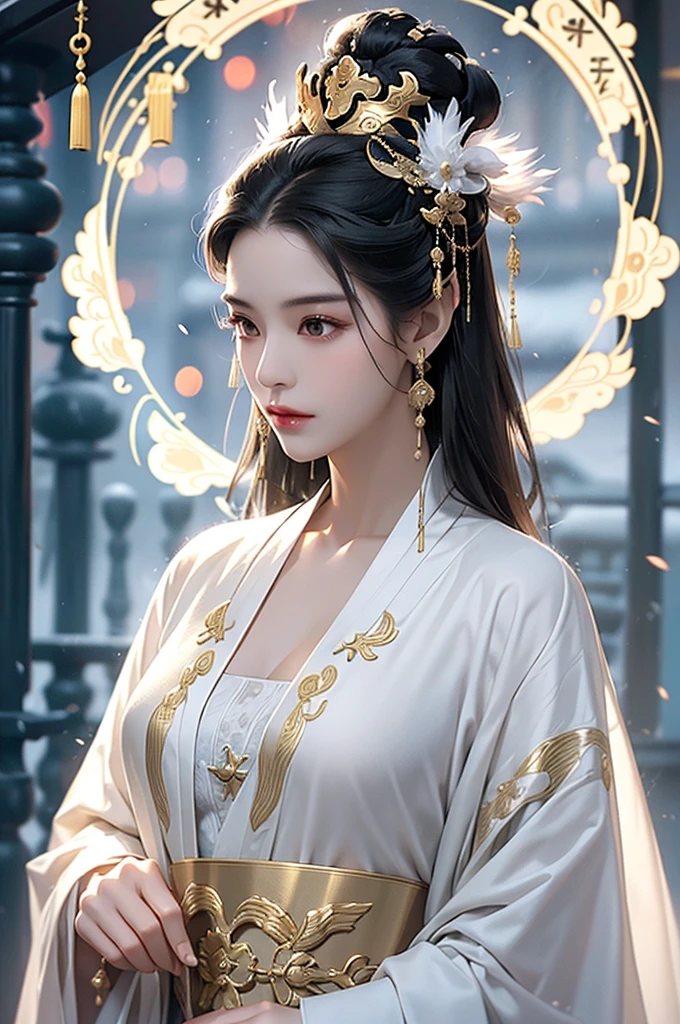 Black Hair, Immortal, Beauty, Royal sister, Stepmother, White Taoist robe, Golden Phoenix Coronet, Hair Bunch, Mature Woman