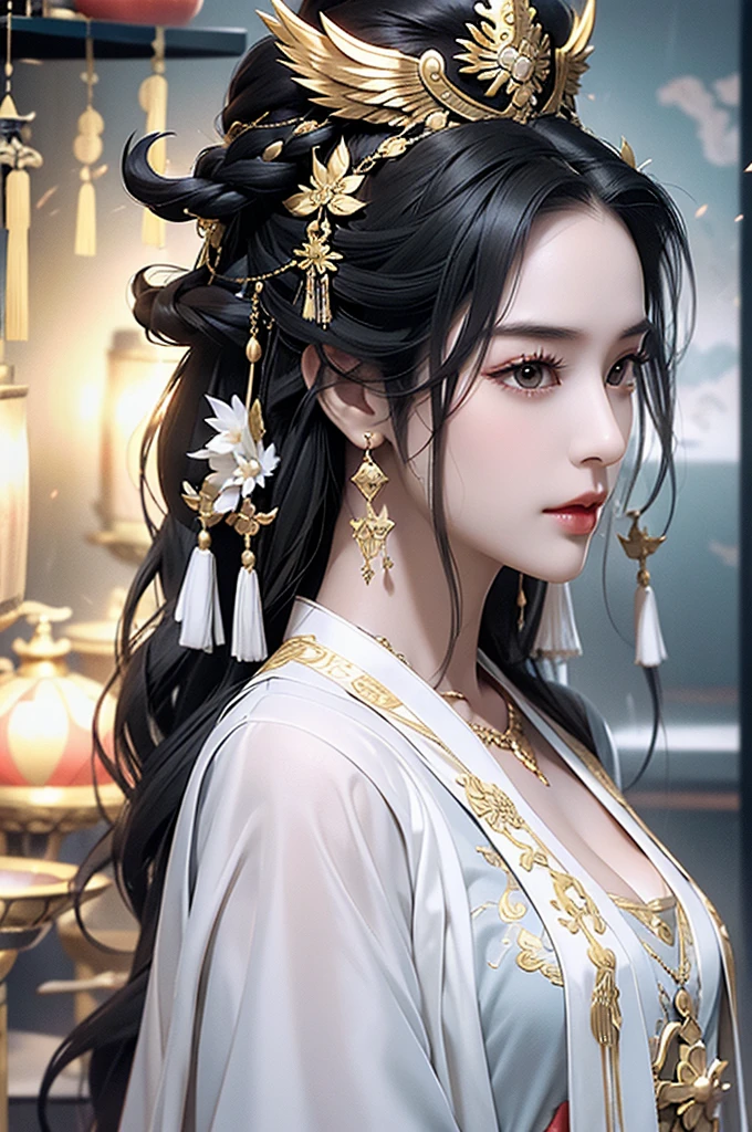 Black Hair, Immortal, Beauty, Royal sister, Stepmother, White Taoist robe, Golden Phoenix Coronet, Hair Bunch, Mature Woman