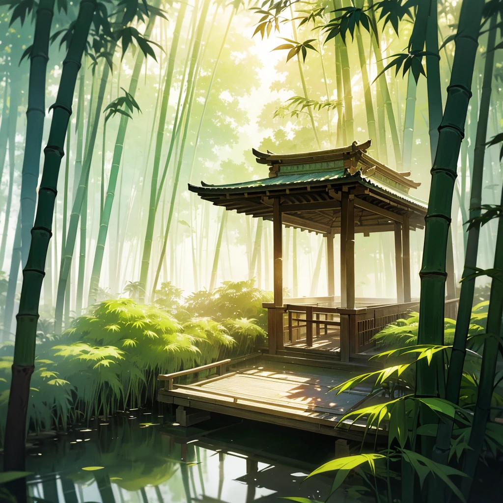 Prompt: an anime-style landscape of a bamboo forest on a misty morning. The scene features tall bamboo trees with sunlight filtering through the dense foliage, creating dappled light effects. A serene pond lies at the center, reflecting the surrounding greenery. Include a small wooden bridge over the pond and a traditional Japanese tea house in the background.
AI: Leonardo AI