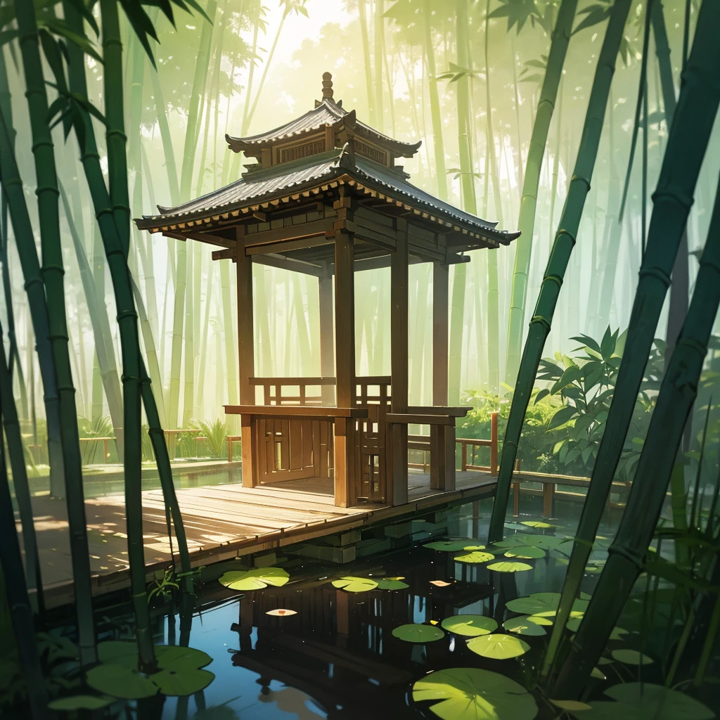 Prompt: an anime-style landscape of a bamboo forest on a misty morning. The scene features tall bamboo trees with sunlight filtering through the dense foliage, creating dappled light effects. A serene pond lies at the center, reflecting the surrounding greenery. Include a small wooden bridge over the pond and a traditional Japanese tea house in the background.
AI: Leonardo AI