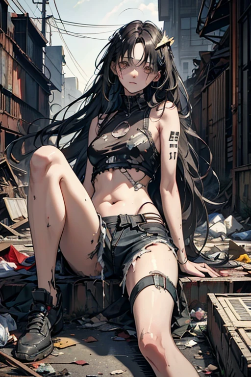 Highest quality, masterpiece, Dilapidated,Machine Body Girl,Tattered clothes,Skin with machine parts sticking out,Filmography,Black long hair,Garbage dump,Deserted.Hollow eyes with no highlights,Leaning on junk