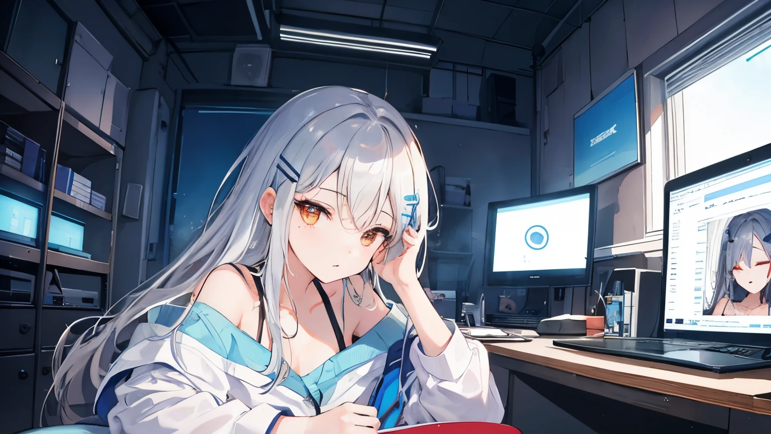 ((Highest quality)), ((masterpiece)), (detailed), A girl with long silver hair and a diagonal parting,Me reflected on the computer screen,36 years old,Close your eyes,Golden Eyes,Straight Hair,Diamond shaped hair clip,Face tattoo,,Black off-the-shoulder,Summer vacation,Enjoy,Private room,Summer Light,computer,Windows,Blue Screen,Surfing the net,Social withdrawal,Air conditioner wind,comfortable,Cyberspace,hacking,