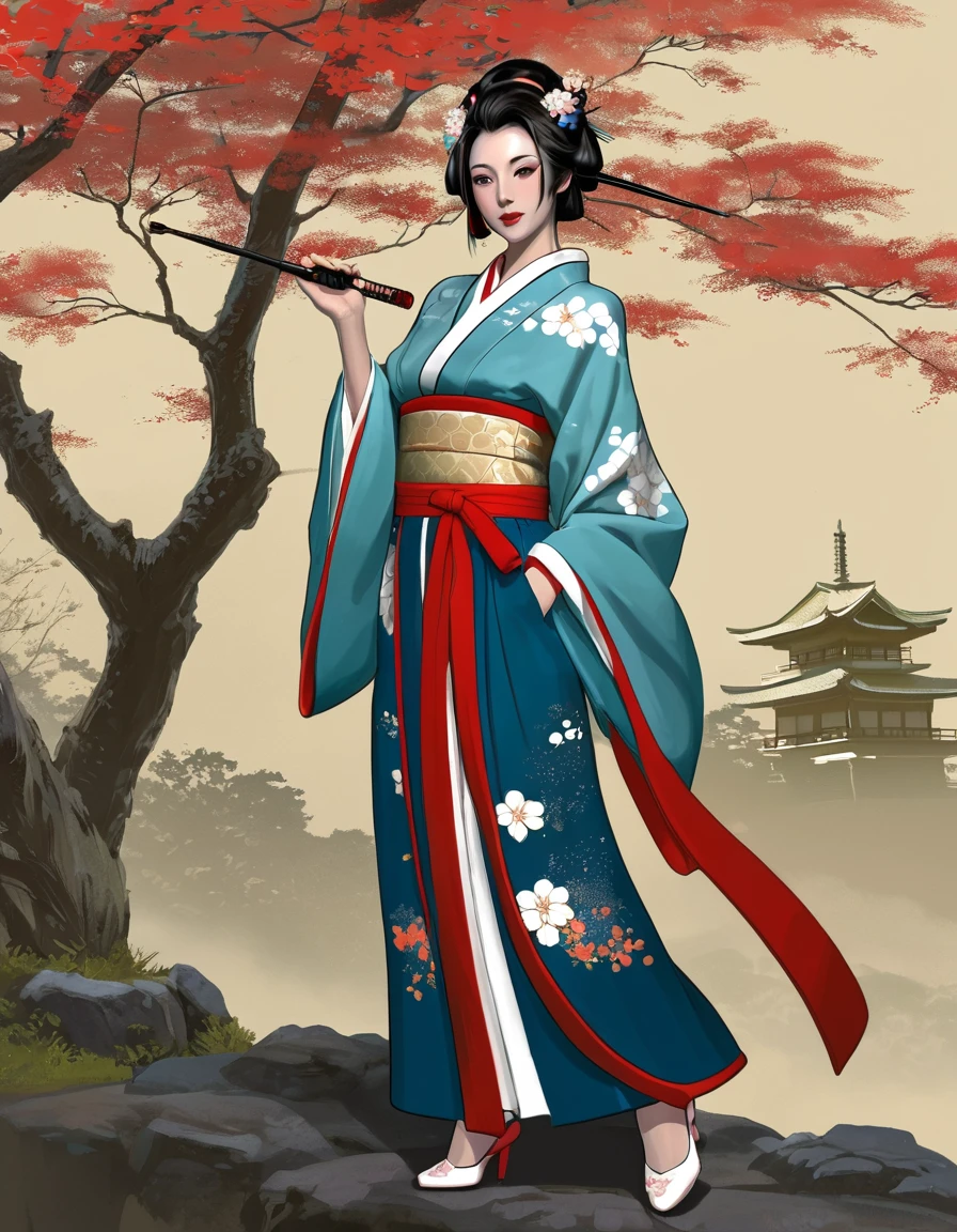 Необходимо создать concept-арт гейши full length, legs, whole height, for MMORPG, centered on a Japanese setting. A geisha should inspire grace, sophistication and mystery, typical of Japanese culture. Picture her in a traditional kimono with details, combining elements of traditional and fantasy design. full length, concept, full length персонаж, digital painting