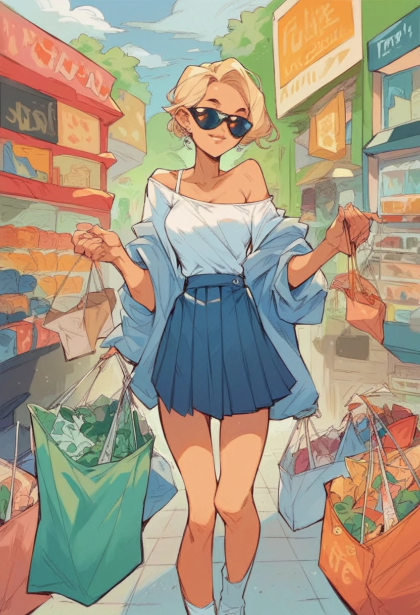 a woman dressed in a trendy off-the-shoulder top and a pleated skirt, wearing sunglasses and carrying multiple shopping bags, strolling through a modern shopping district, cinematic composition,