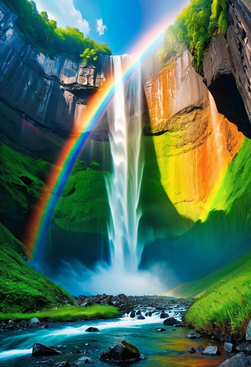 a ((low angle shot: 1.5)), from below of an epic waterfall, there is an epic waterfall coming out of an epic cliff, the water coming down in earnest, there is a rainbow reflected on the  water, vibrant, Ultra-high resolution, High Contrast, (masterpiece:1.5), highest quality, Best aesthetics), best details, best quality, highres, 16k, (ultra detailed: 1.5), masterpiece, best quality, (extremely detailed) RAW, (ultra details, Masterpiece, best quality), ral-czmcrnbw
