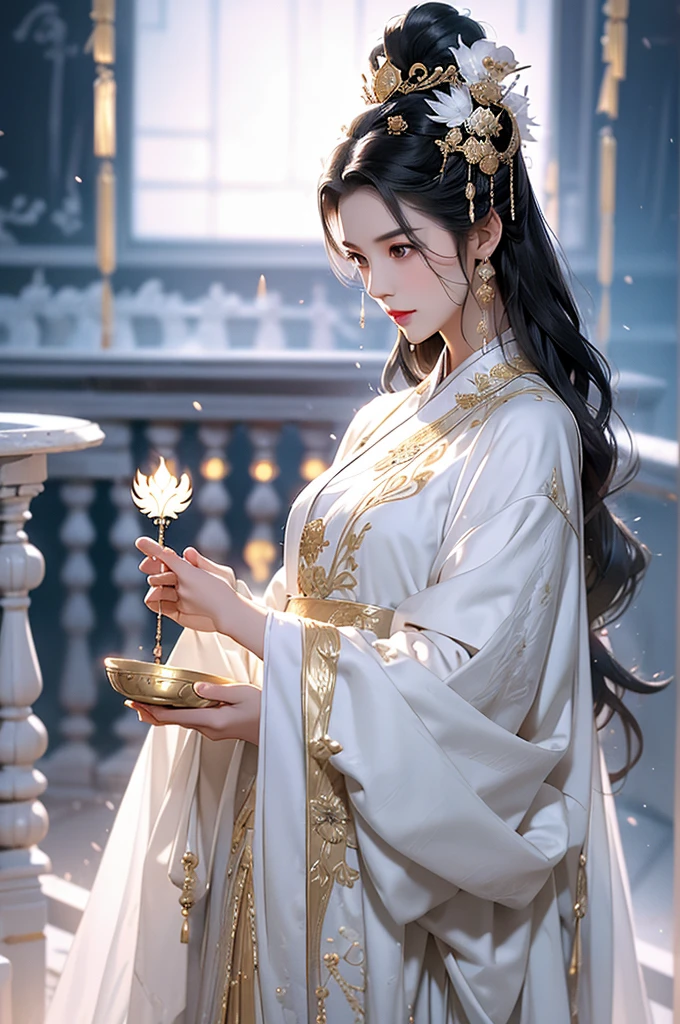 Black Hair, Immortal, Beauty, Royal sister, Stepmother, White Taoist robe, Golden Phoenix Coronet, Hair Bunch, Mature Woman