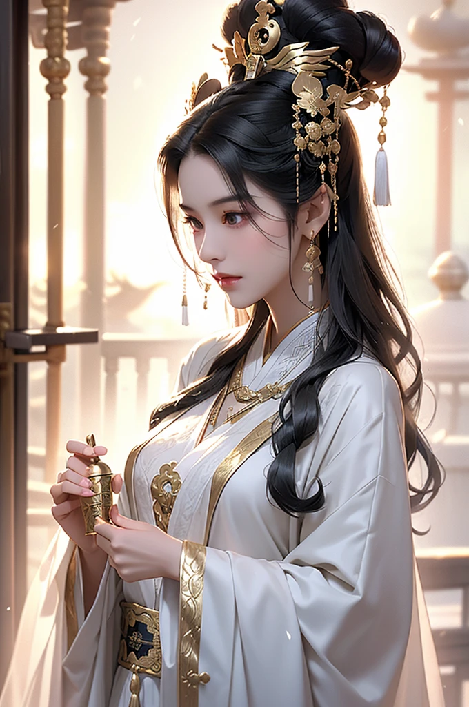 Black Hair, Immortal, Beauty, Royal sister, Stepmother, White Taoist robe, Golden Phoenix Coronet, Hair Bunch, Mature Woman