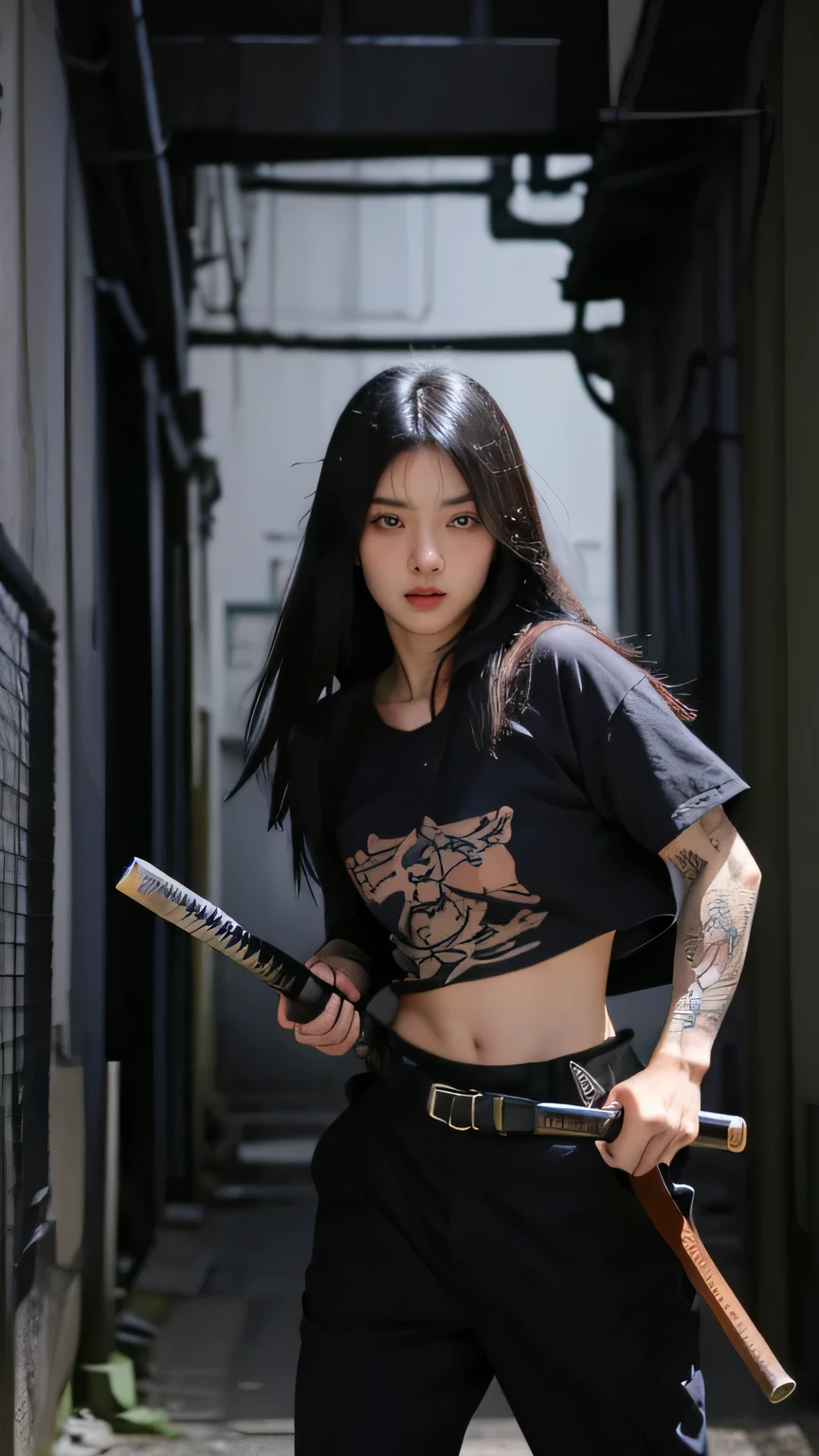 Girl Yakuza in a dark alleyway, traditional Japanese tattoo sleeve, holding a katana, intense expression, cinematic lighting, gritty urban setting, character design by Katsuya Terada and Geof Darrow, intense contrast, detailed background, dynamic posing, 4k resolution