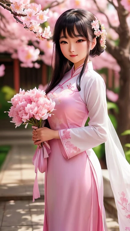 arafed asian woman in a pink dress holding a flower, ao dai, white hanfu, palace , a girl in hanfu, flowing sakura silk, with flowers, beautiful asian girl, mai anh tran, beautiful south korean woman, beautiful image, asian girl, japanese model, cute elegant pose, back pose, backview, traditional beauty, cheongsam