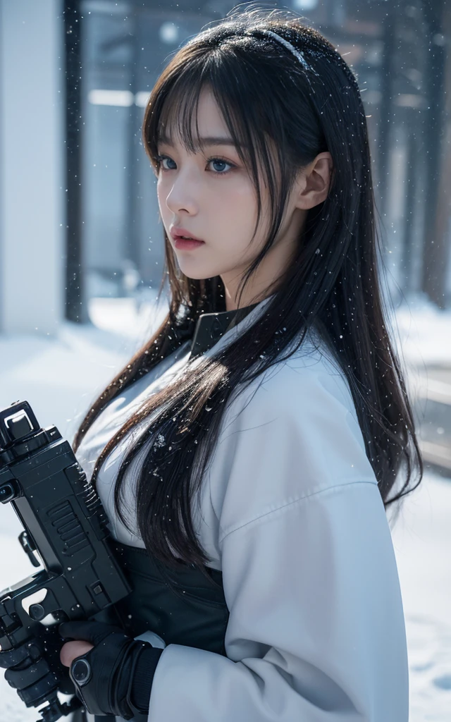 fashion photography , Inspired by Cyberpunk。(best quality,4K,8K,high resolution,masterpiece:1.2), (Practical,Reality,Photo-real:1.37).masterpiece,Game Art,Best picture quality,最high resolution,8K,,Unreal Engine 5 rendering works,(Digital Photography),(girl、In a cold blizzard, Tall female soldier, Wearing blue winter camouflage military uniform、Military training in a snowstorm, Camouflage board, Combat Glove Magazine Pouch、Fully equipped、White military helmet、最佳美丽girl、 Perfect face, blue eyes, long hair、), Bright snow scene, 美丽的light, ((Every detail of the machine gun is accurately depicted、Heavy weapons、Armored Vehicles、snow))Exquisite clothing patterns,,Future Warrior,Exaggerated sci-fi avant-garde,Cyberpunk Characters,Science fiction war background, light,Ray Tracing,Game CG,((3D Unreal Engine)),OC rendering reflection mode,blur background