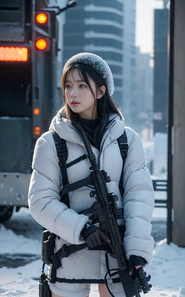 fashion photography , Inspired by Cyberpunk。(best quality,4K,8K,high resolution,masterpiece:1.2), (Practical,Reality,Photo-real:1.37).masterpiece,Game Art,Best picture quality,最high resolution,8K,,Unreal Engine 5 rendering works,(Digital Photography),（girl、In a cold blizzard, Tall female soldier, Wearing blue winter camouflage military uniform、Military training in a snowstorm, Camouflage board, Combat Glove Magazine Pouch、Fully equipped、White military helmet、最佳美丽girl、 Perfect face, blue eyes, long hair、）, Bright snow scene, 美丽的light, ((Every detail of the machine gun is accurately depicted、Heavy weapons、Armored Vehicles、snow))Exquisite clothing patterns,,Future Warrior,Exaggerated sci-fi avant-garde，Cyberpunk Characters,Science fiction war background, light，Ray Tracing，Game CG，((3D Unreal Engine))，OC rendering reflection mode，blur background