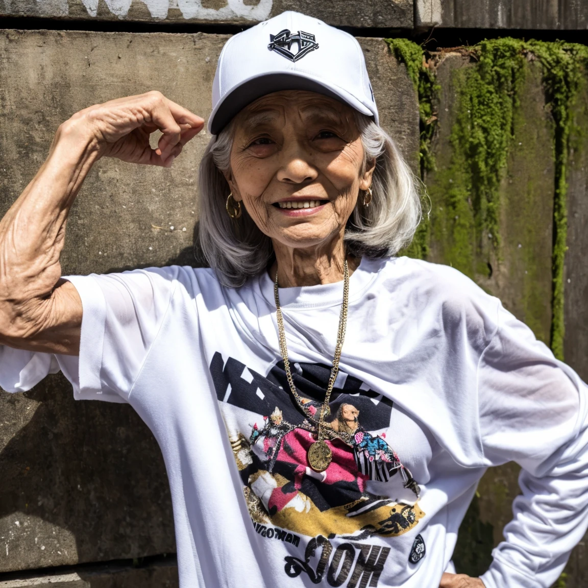 HIP-HOP, 100yo, 1 woman, edg90hh, wearing edg90hh_clothing, wrinkled, (masterpiece:1.2), best quality, high quality, Highres, (hyper detailed), hot, happy, skinny, Japanese, portrait, gradation color hair, interesting pose,