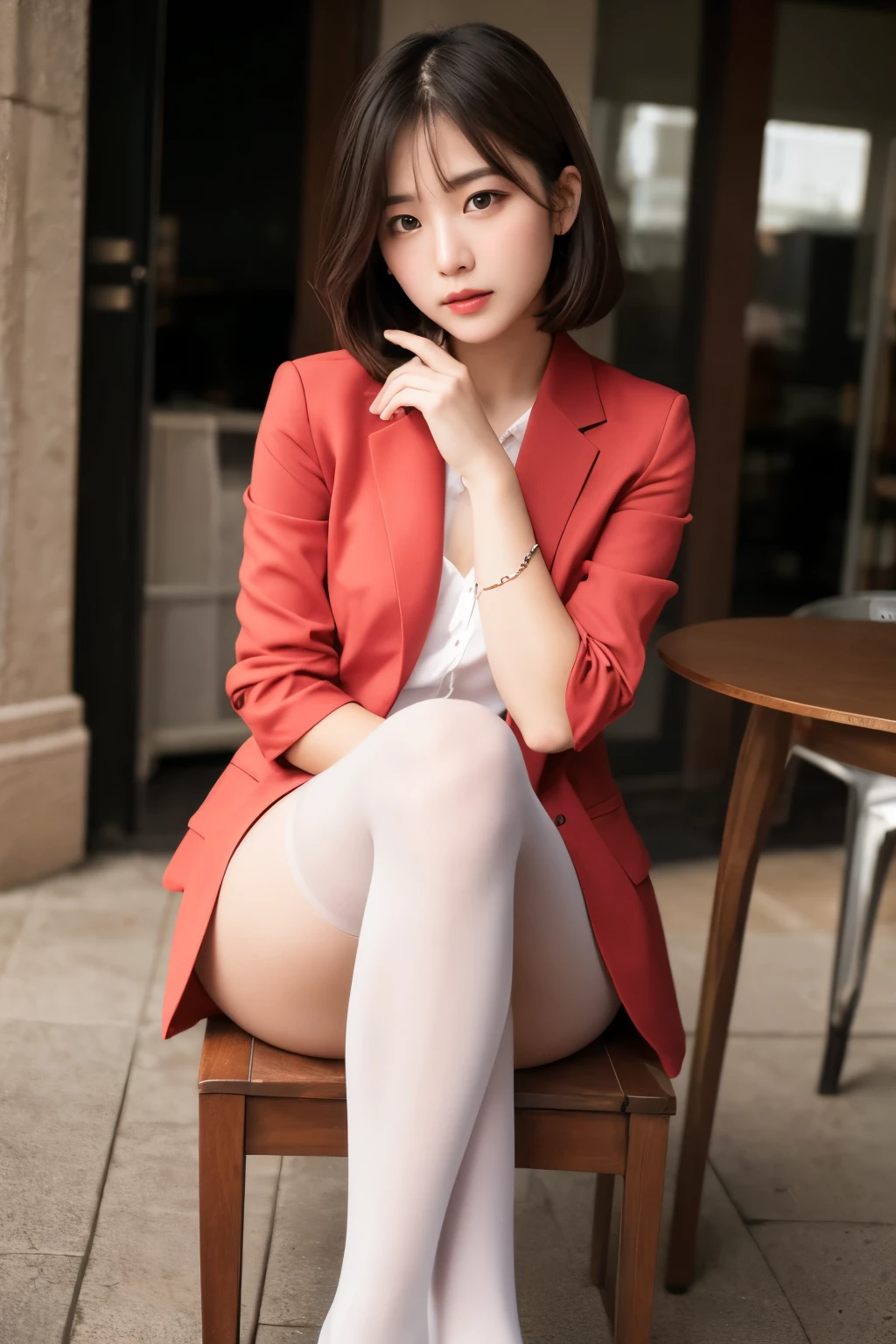 ulzzang-6500-v1.1, (RAW Photos:1.2), (Realistic), (Genuine:1.4), (masterpiece), masterpiece, Absurd, Finer details, High resolution, Highly detailed face and eyes, Realistic, Perfect dynamic composition, Beautiful and delicate eyes, suit,short hair，Natural color lips, Sit on a chair，Crossing your legs, smile、25-year-old woman，Red eyeshadow，Wearing pantyhose，Formal tight skirt