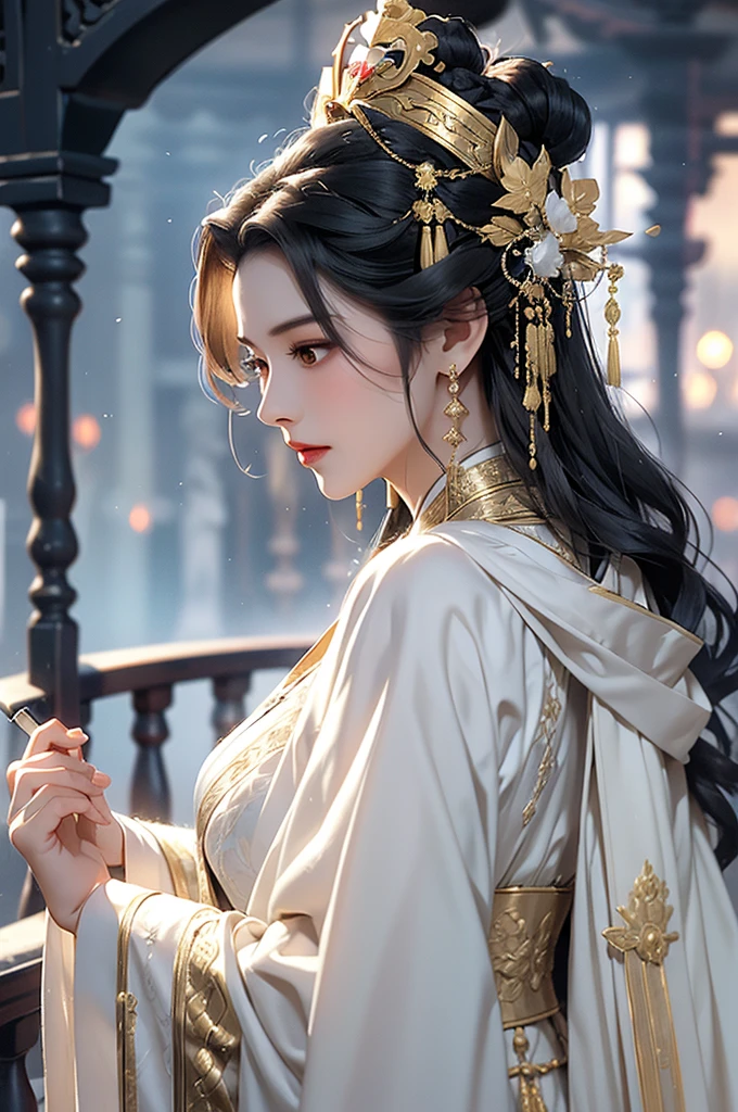 Black Hair, Immortal, Beauty, Royal sister, Stepmother, White Taoist robe, Golden Phoenix Coronet, Hair Bunch, Mature Woman