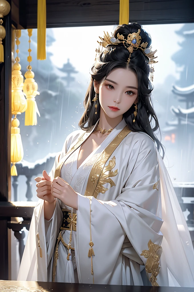 Black Hair, Immortal, Beauty, Royal sister, Stepmother, White Taoist robe, Golden Phoenix Coronet, Hair Bunch, Mature Woman