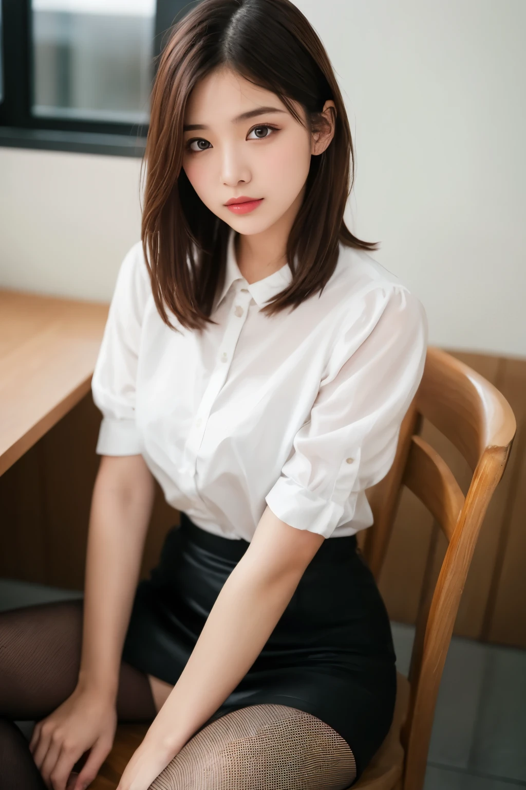ulzzang-6500-v1.1, (RAW Photos:1.2), (Realistic), (Genuine:1.4), (masterpiece), masterpiece, Absurd, Finer details, High resolution, Highly detailed face and eyes, Realistic, Perfect dynamic composition, Beautiful and delicate eyes, suit,short hair，Natural color lips, Sit on a chair，Crossing your legs, smile、25-year-old woman，Red eyeshadow，Wearing pantyhose，Formal tight skirt