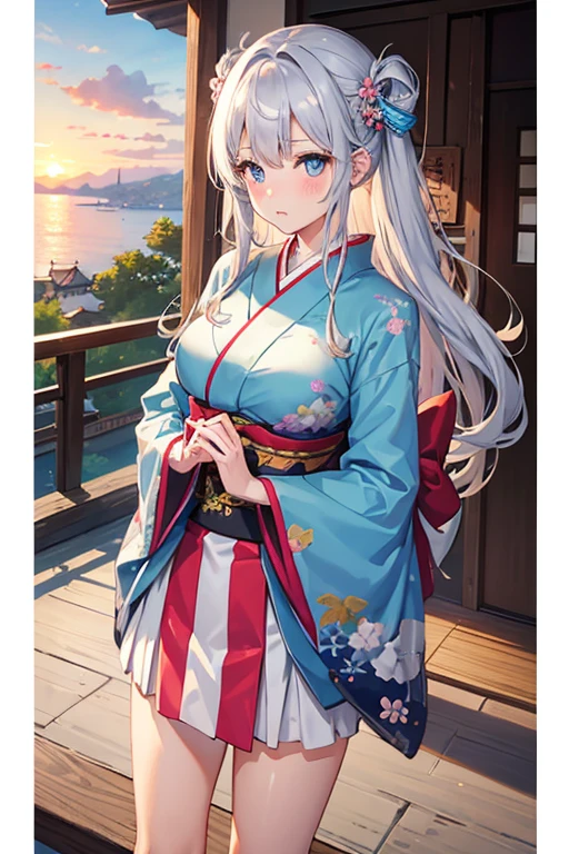 1girl in, Silver Shorthair, sky-blue eyes, kimono skirt, shrines, Cute, blush, medium breasts, Sunset, Best Quality++, Highest Quality++
information